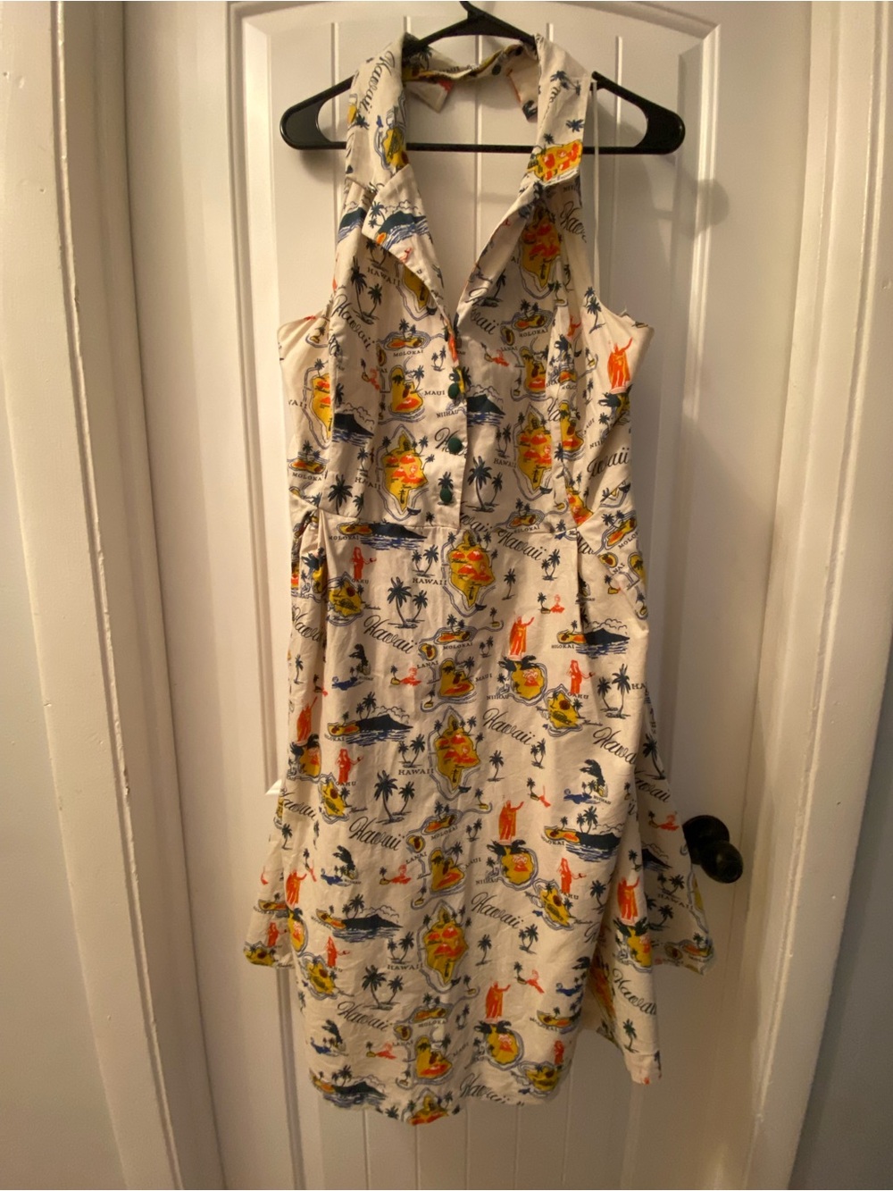 Modcloth Cream Halter Dress with Yellow and Navy Tropical Print